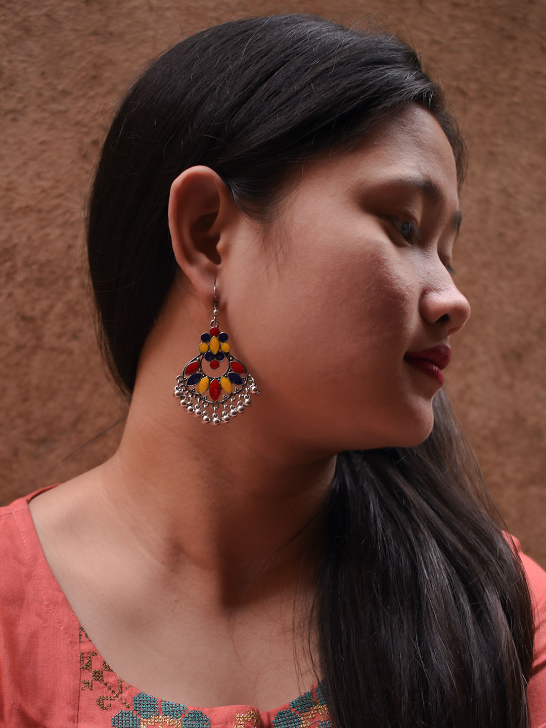 Floral Design Blue and Red and Yellow Dangler Afghani Earring