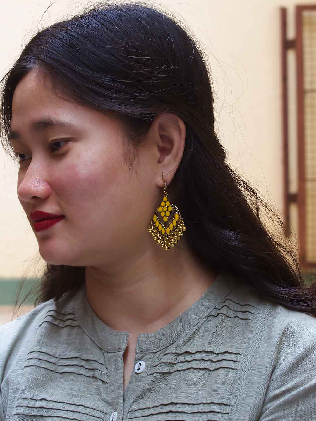 Floral Design Yellow Dangler Afghani Earring