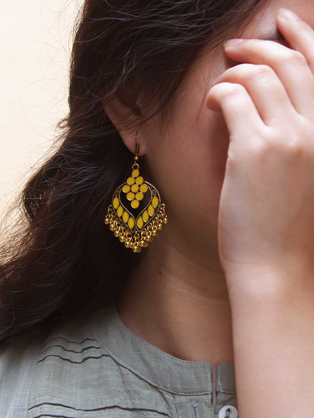 Floral Design Yellow Dangler Afghani Earring