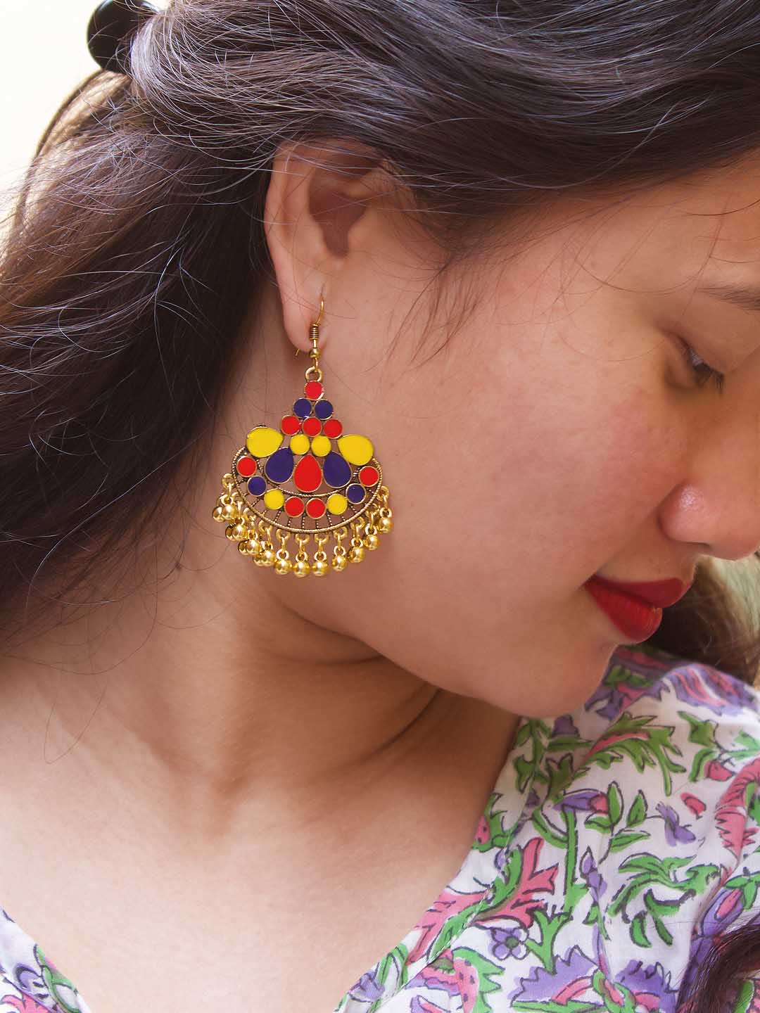 Floral Design Red and Yellow and Blue Dangler Afghani Earring
