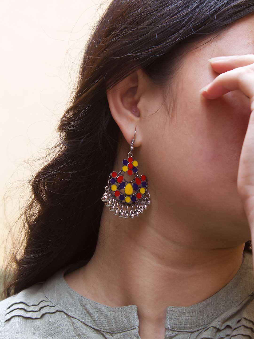 Floral Design Red and Yellow and Blue Dangler Afghani Earring