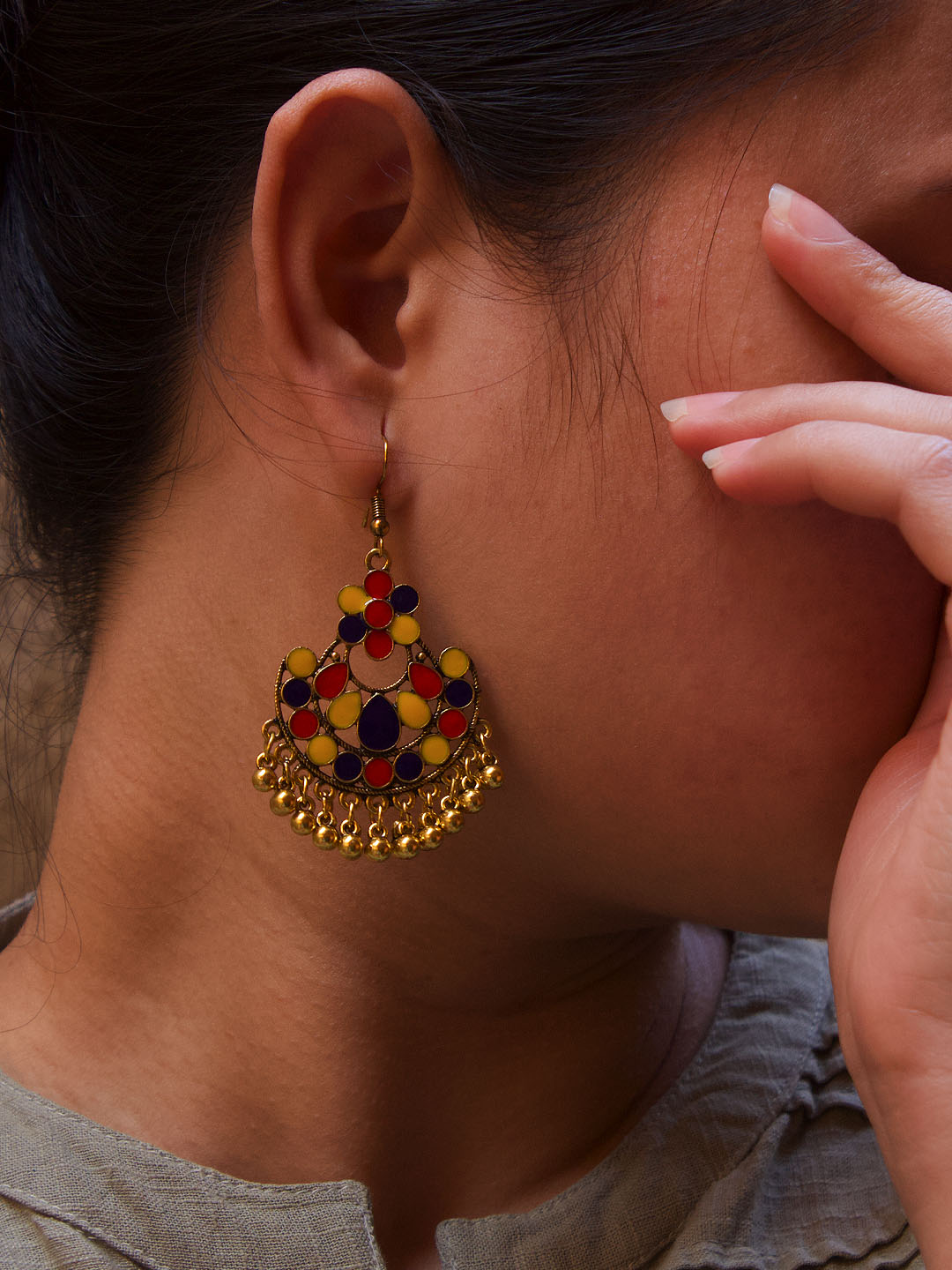Floral Design Red and Yellow and Blue Dangler Afghani Earring