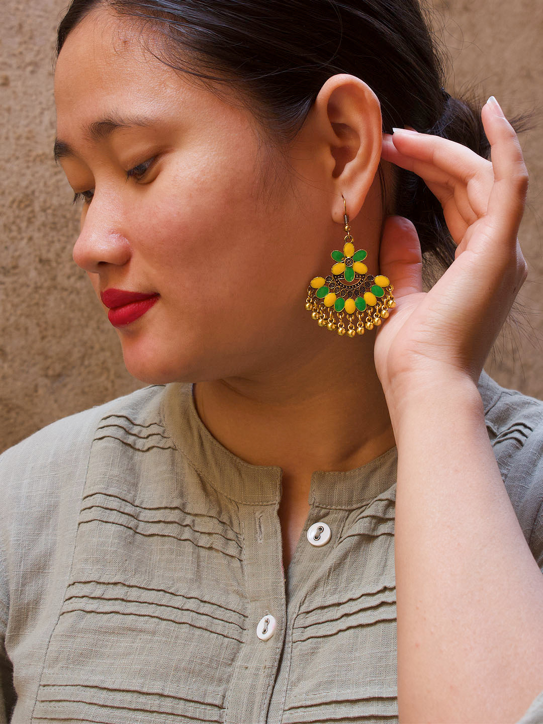 Floral Design Yellow And Green Dangler Afghani Earring