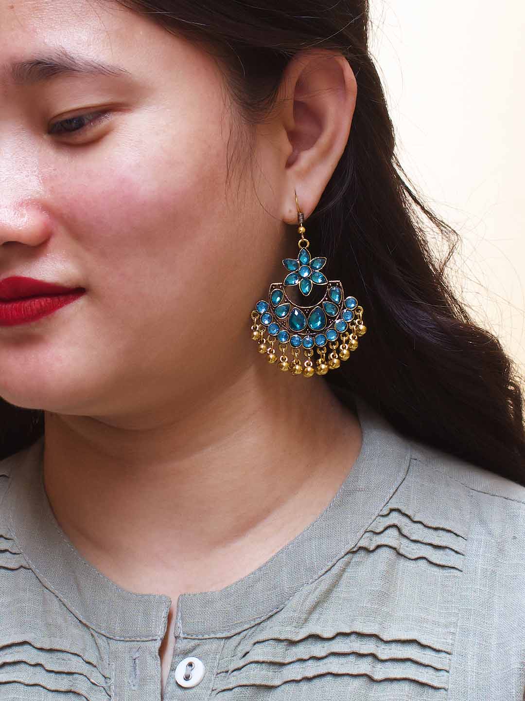 Floral Design Blue Dangler Afghani Earring