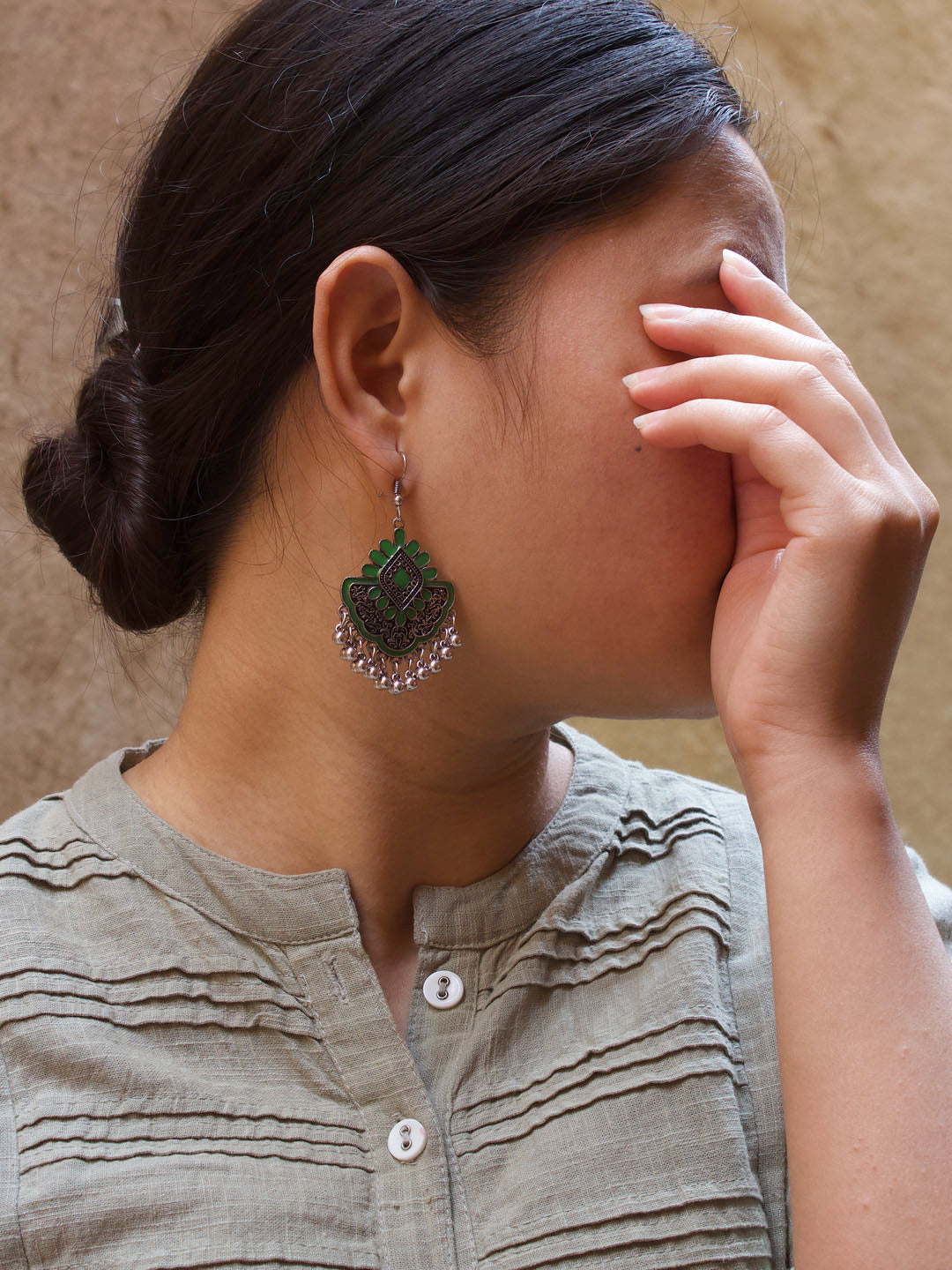 Floral Design Green Dangler Afghani Earring