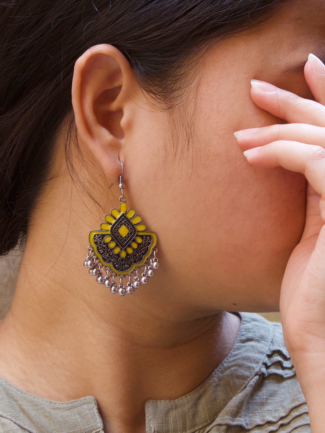 Floral Design Yellow Dangler Afghani Earring
