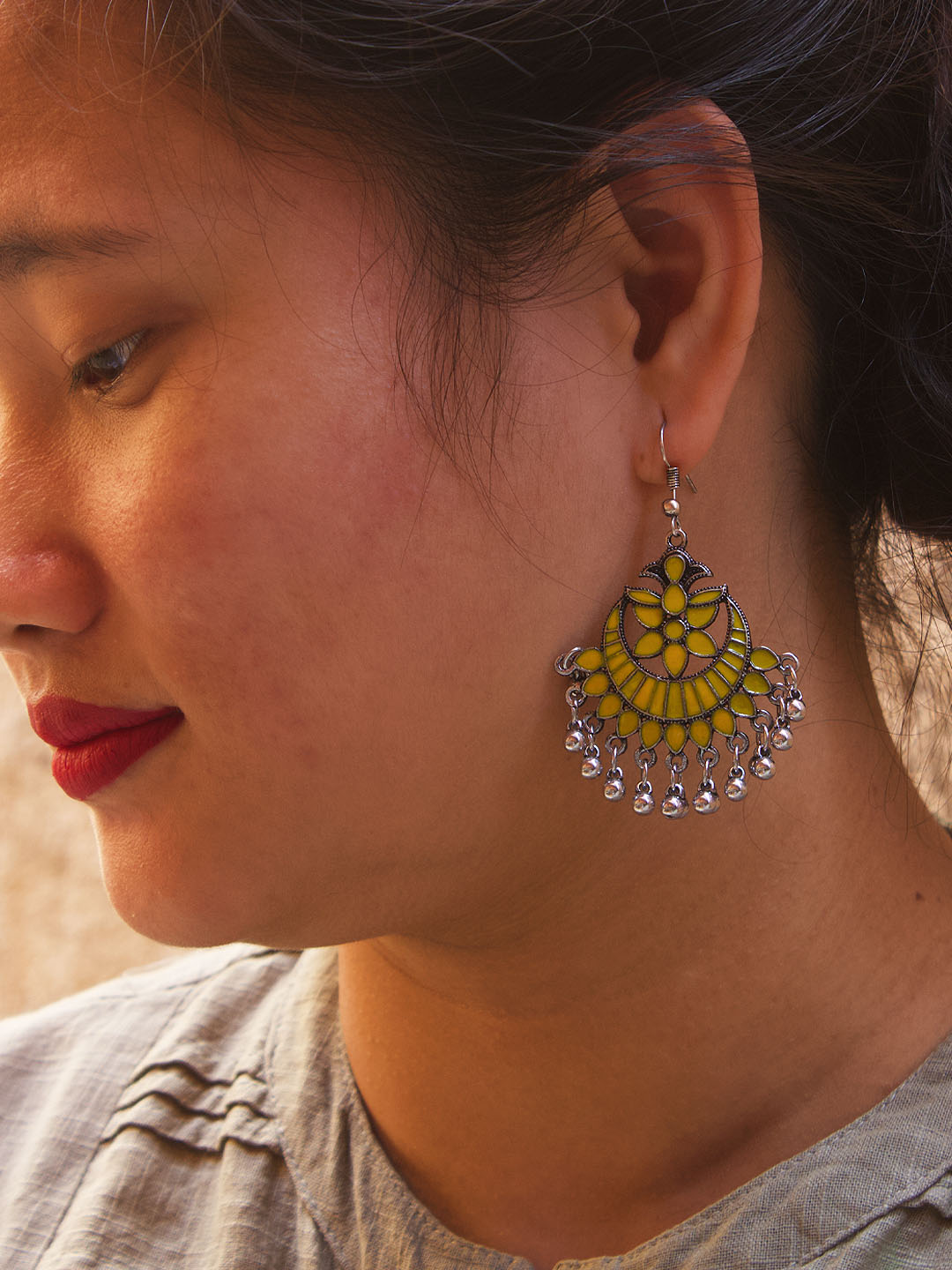 Floral Design Yellow Dangler Afghani Earring