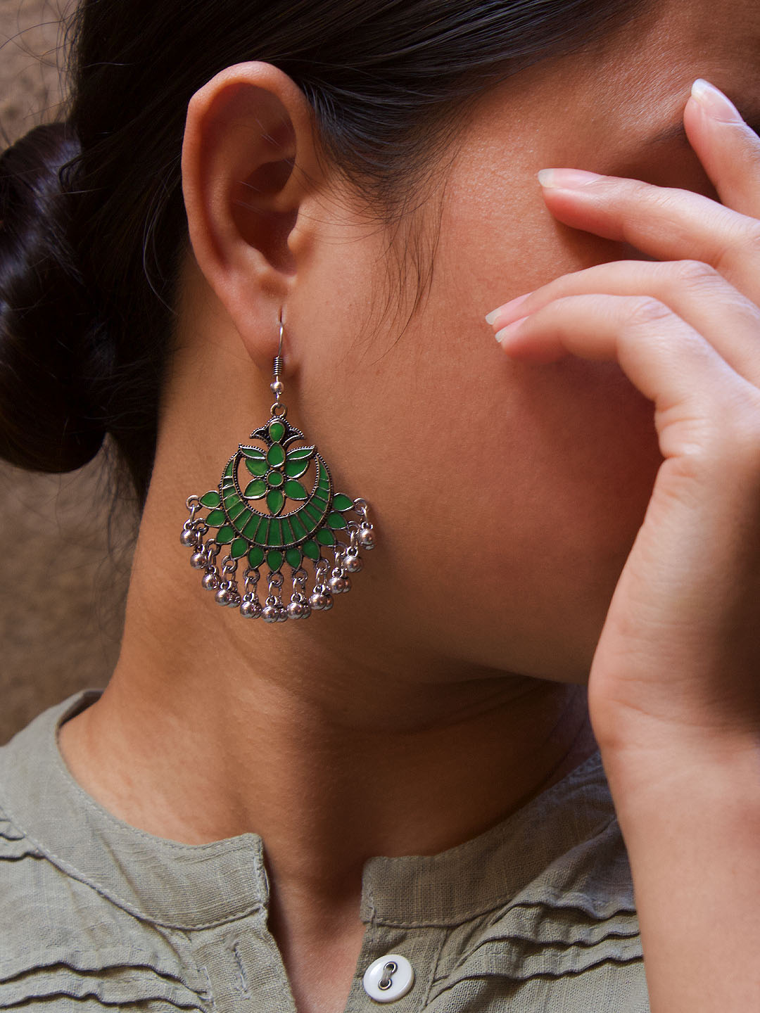 Floral Design Green Dangler Afghani Earring