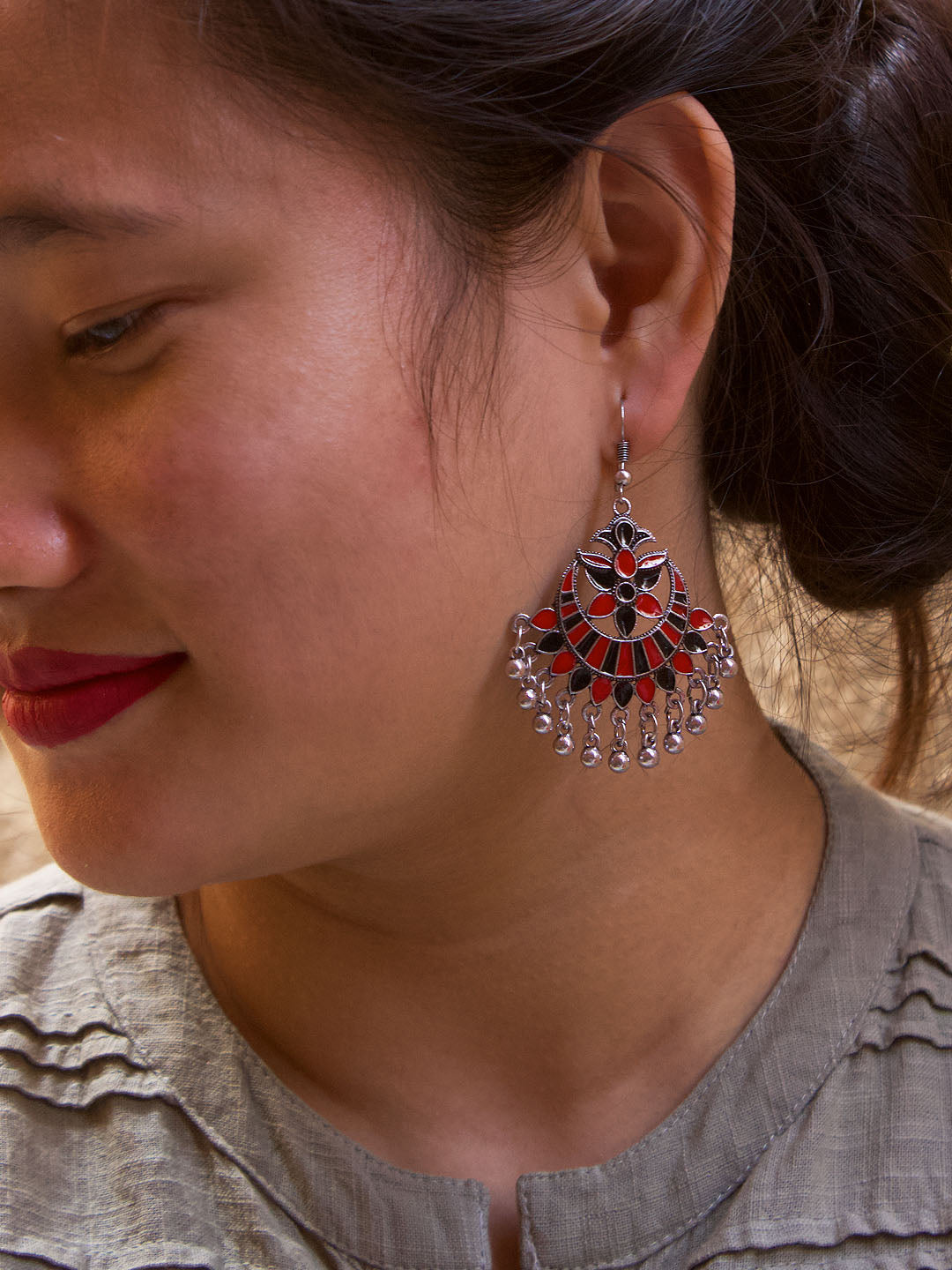 Floral Design Red Dangler Afghani Earring