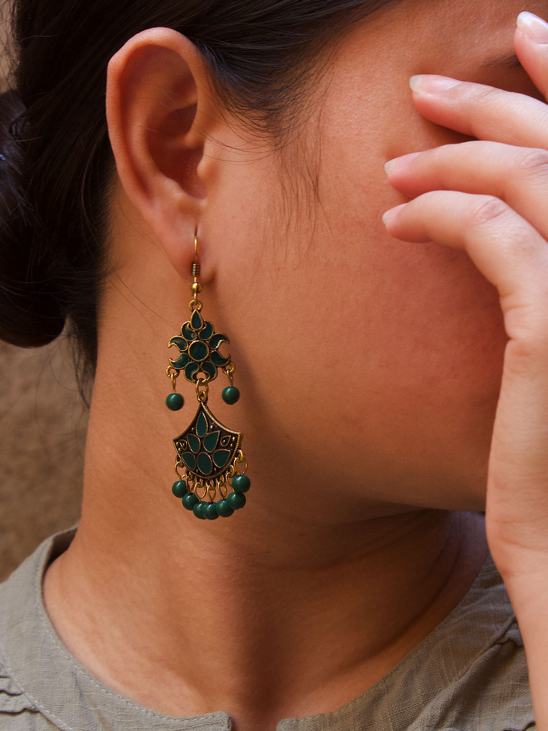 Floral Design Green Dangler Afghani Earring