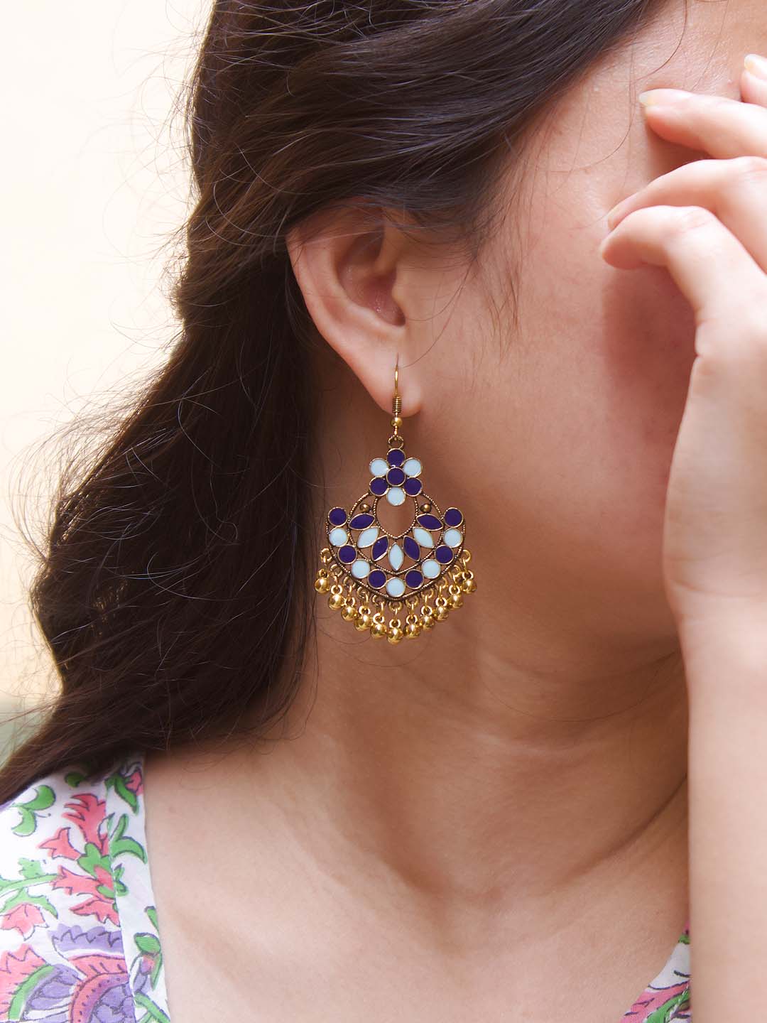 Gold Plating Blue Color Floral Design Afghani Earring