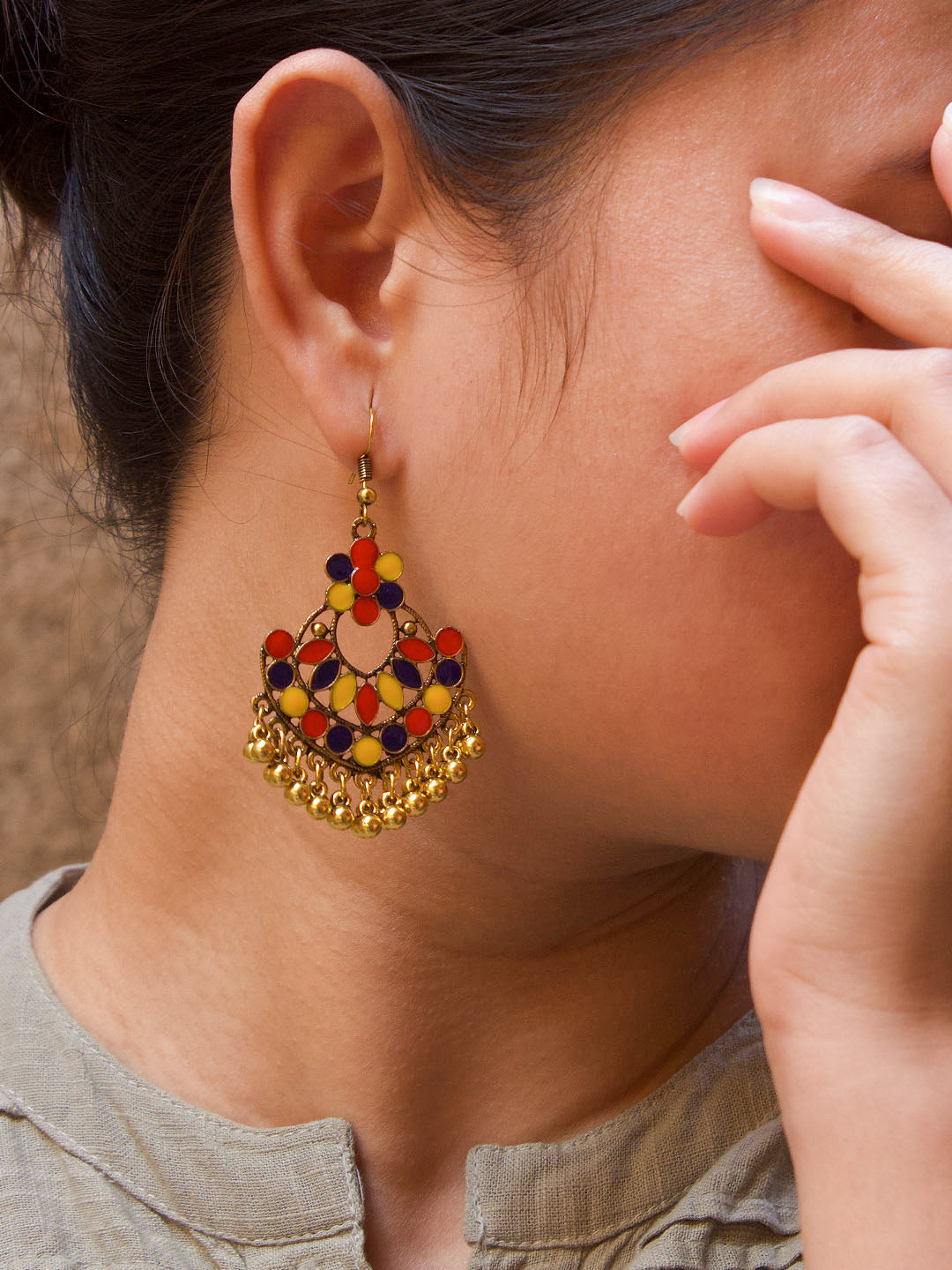 Gold Plating Multicolor Floral Design Afghani Earring