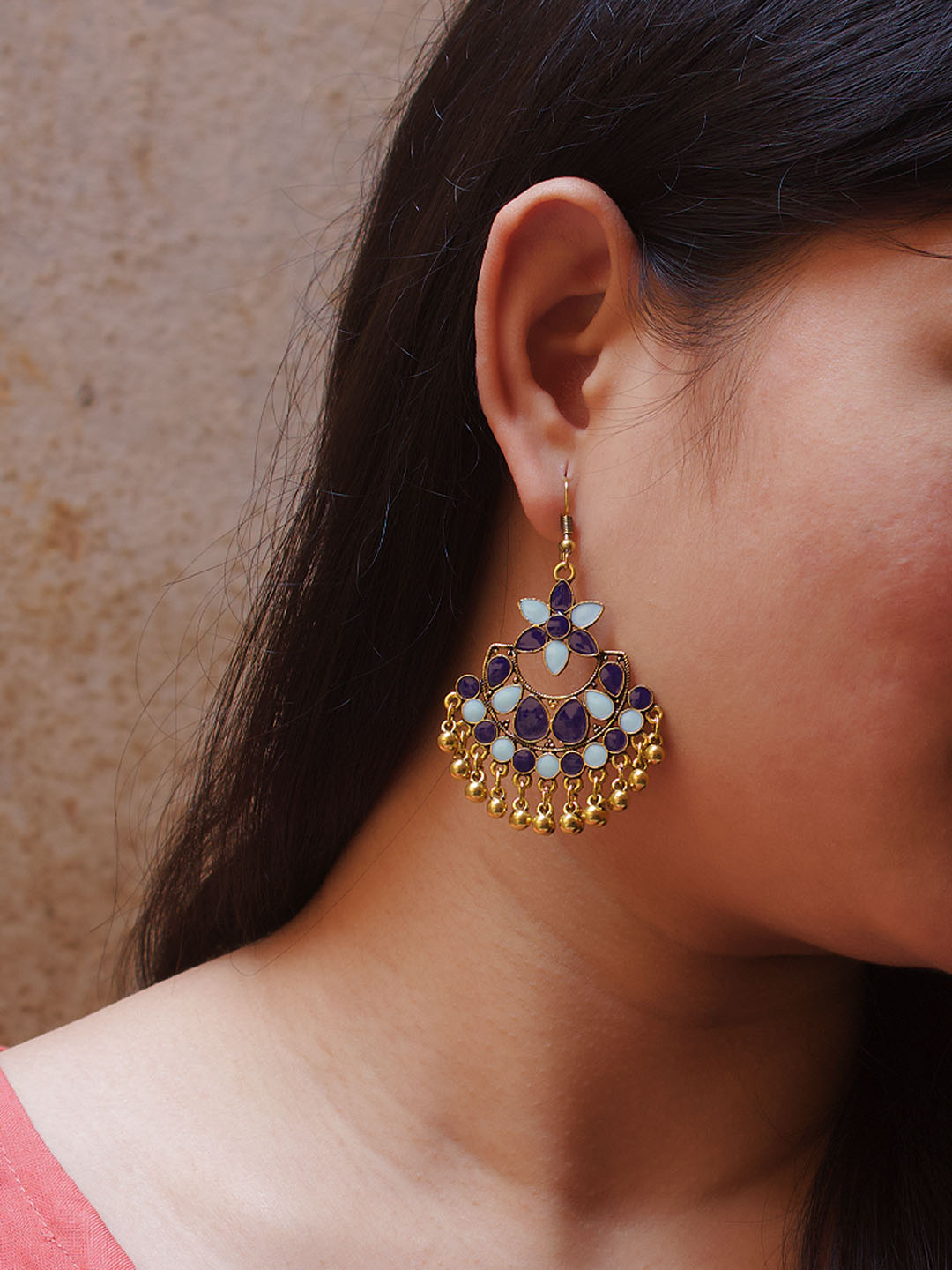 Gold Plating Blue Color Floral Design Afghani Earring