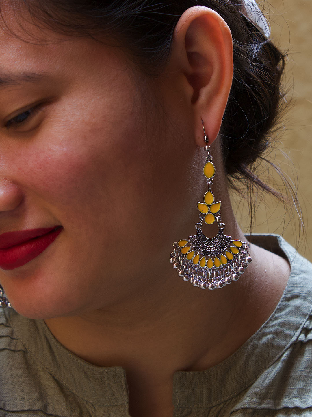 Floral Design Yellow Dangler Afghani Earring