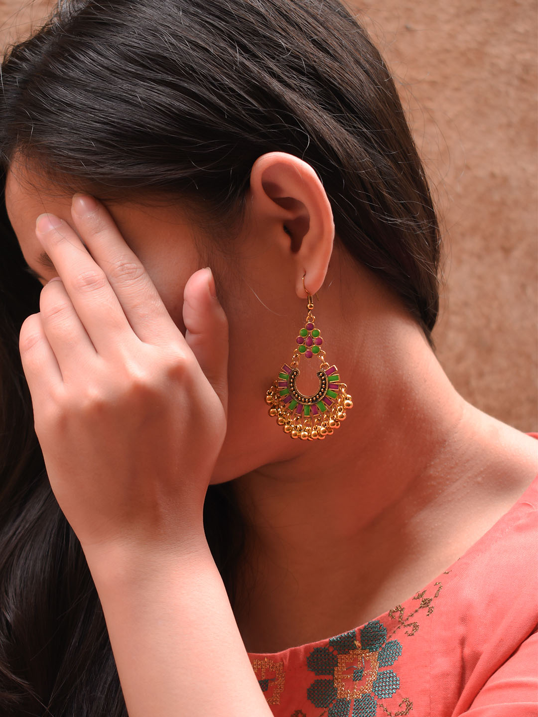 Gold Plating Pink And Green Color Floral Design Afghani Earring