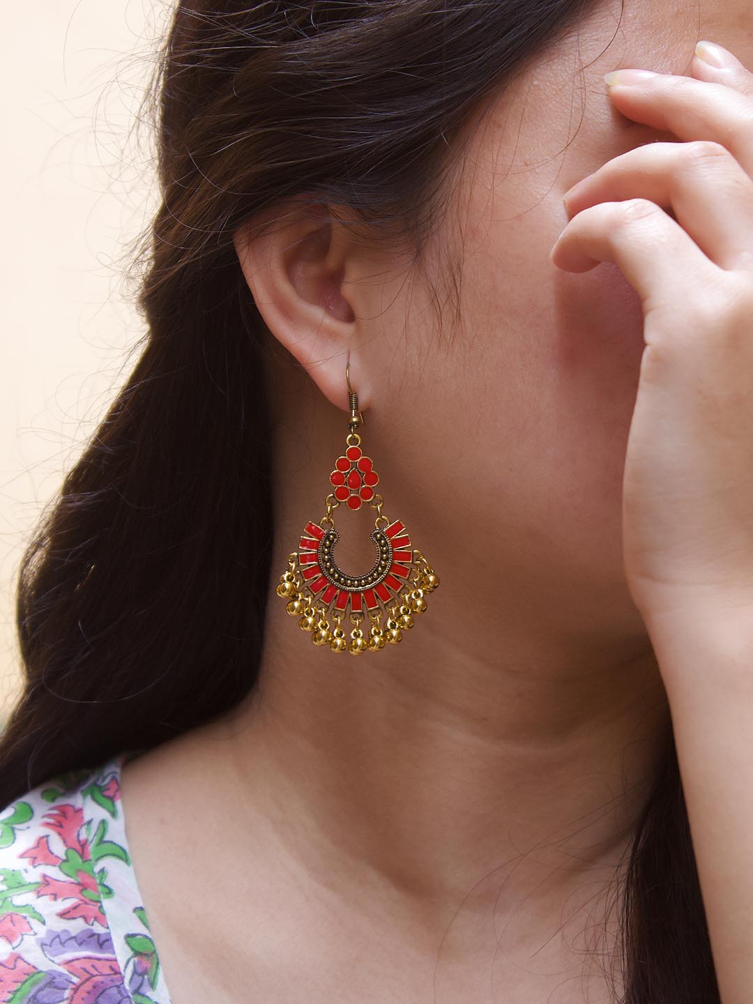 Gold Plating Red And Gold Color Floral Design Afghani Earring