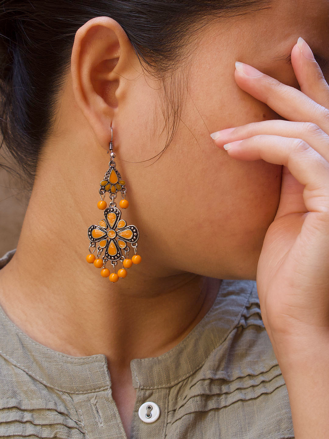 Floral Design Orange Dangler Afghani Earring