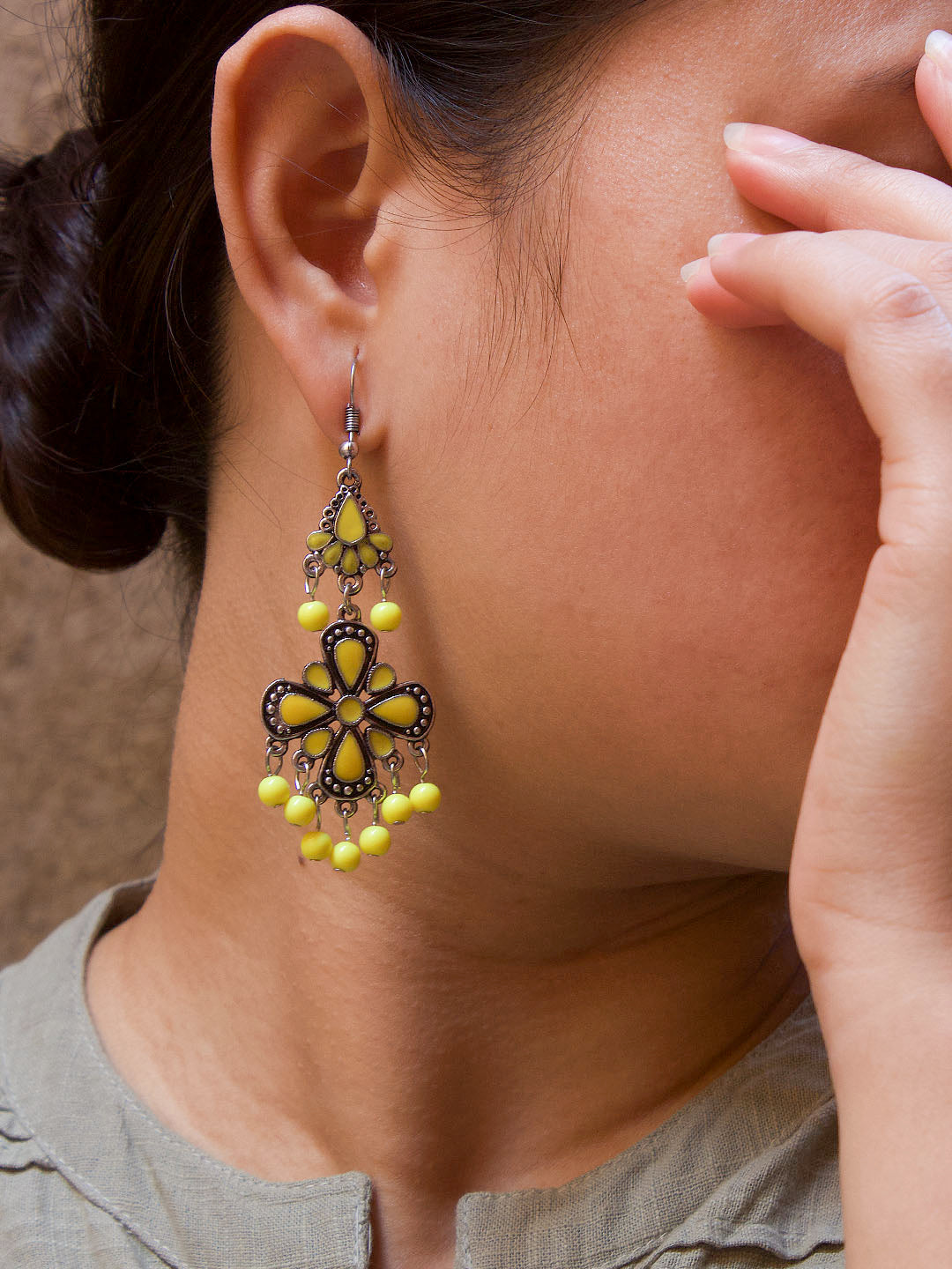 Floral Design Yellow Dangler Afghani Earring