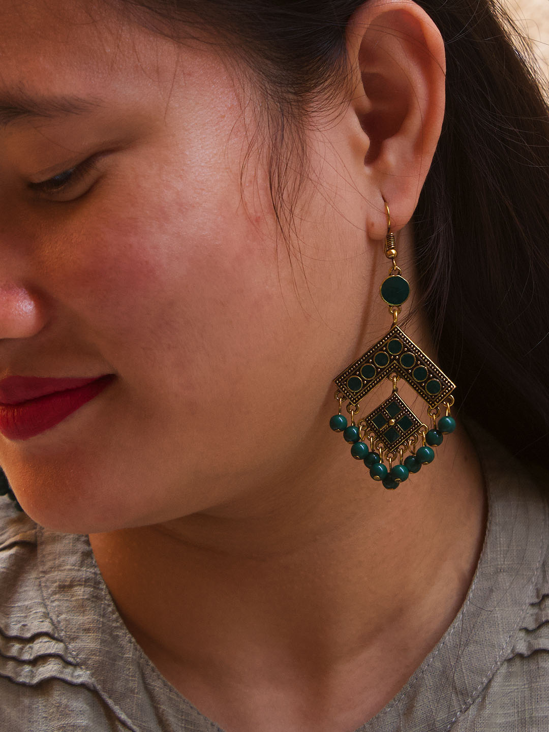 Geometric Design Green Dangler Afghani Earring