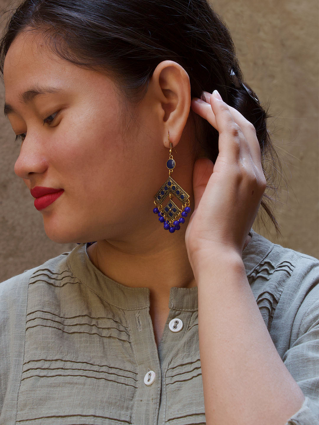 Gold Plated Blue Enamel Paint Earring