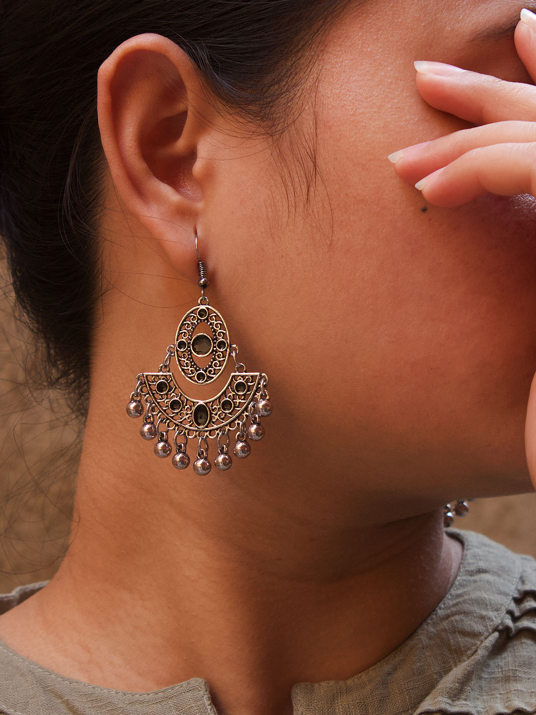 Geometric Design Black Dangler Afghani Earring