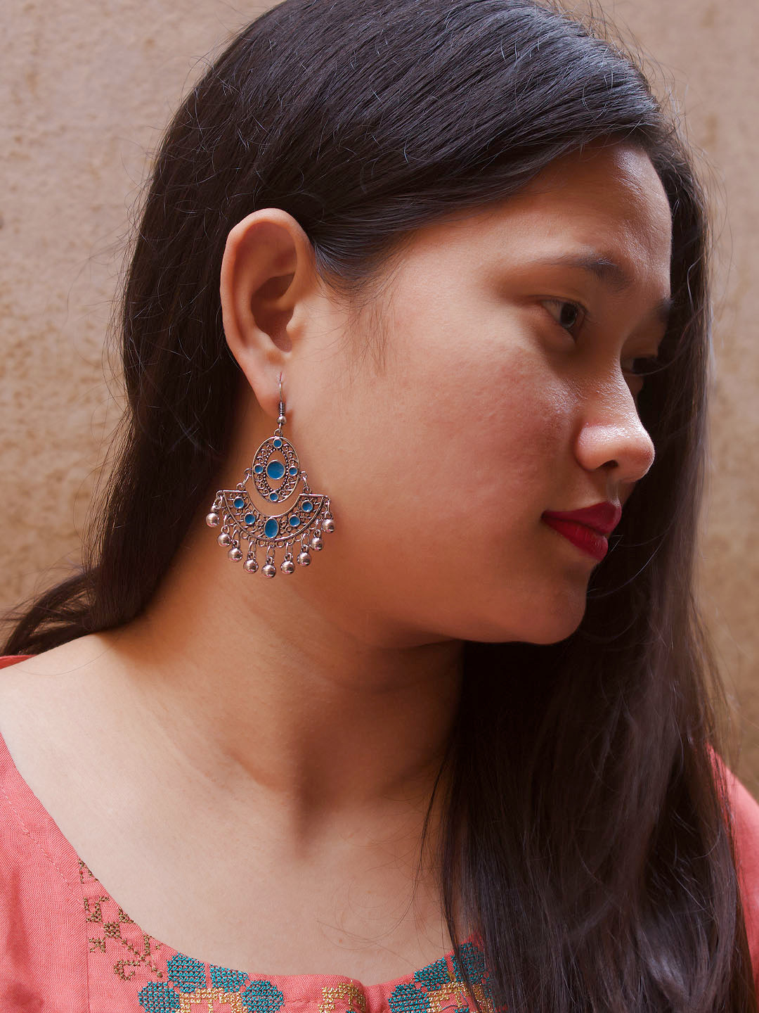 Geometric Design Blue Dangler Afghani Earring