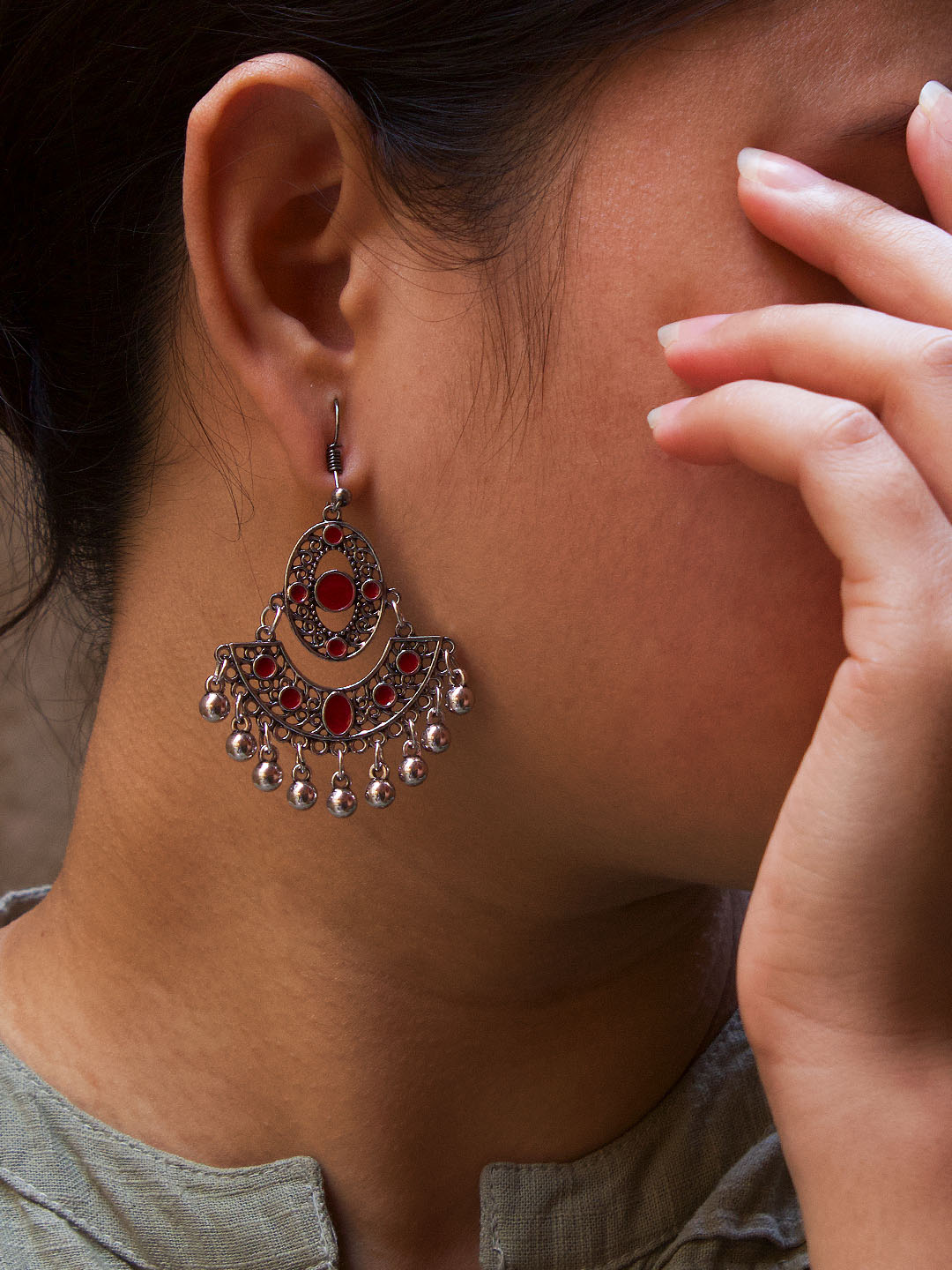 Geometric Design Red Dangler Afghani Earring