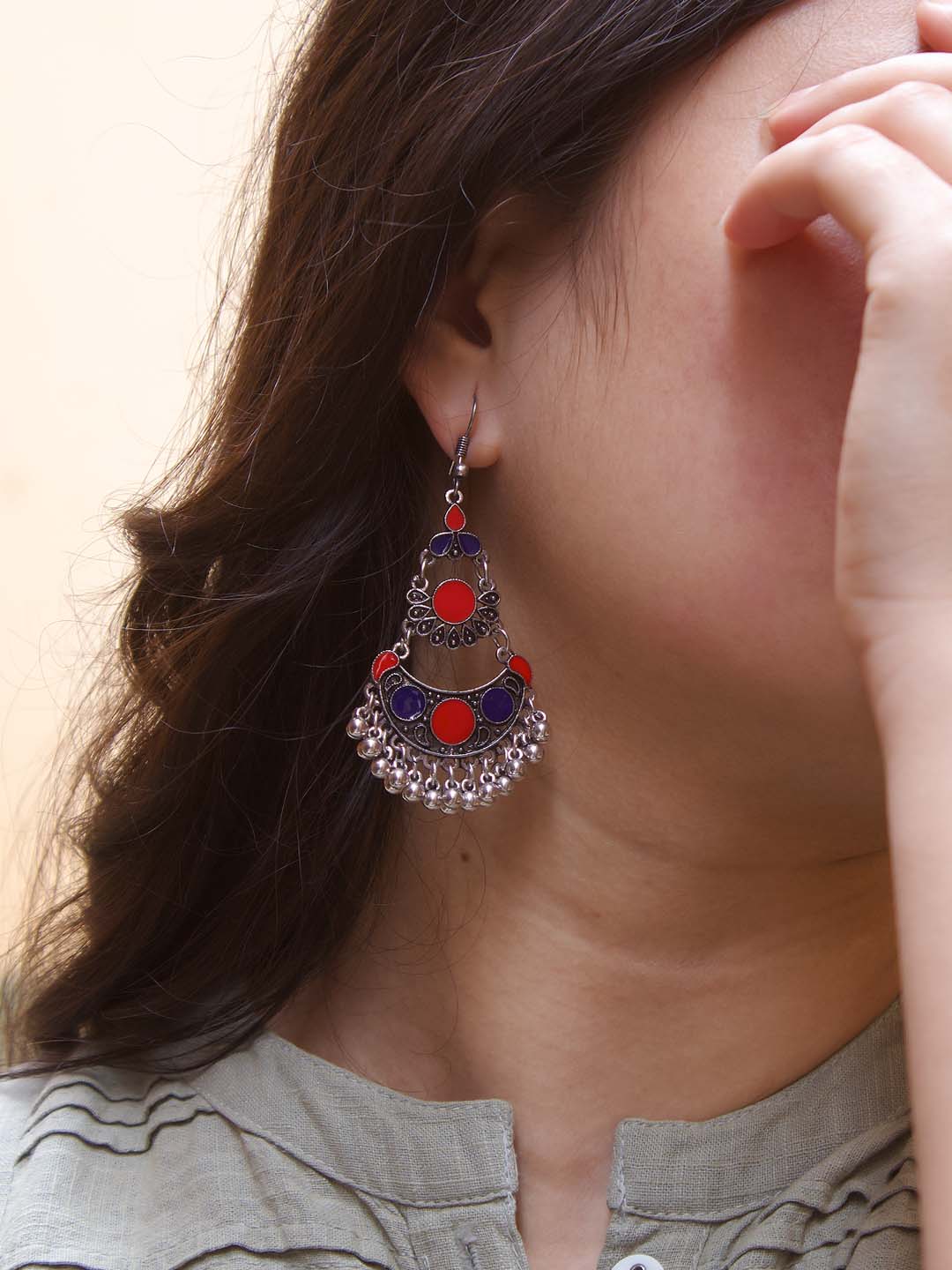 Silver Plating Blue And Red Color Floral Design Afghani Earring