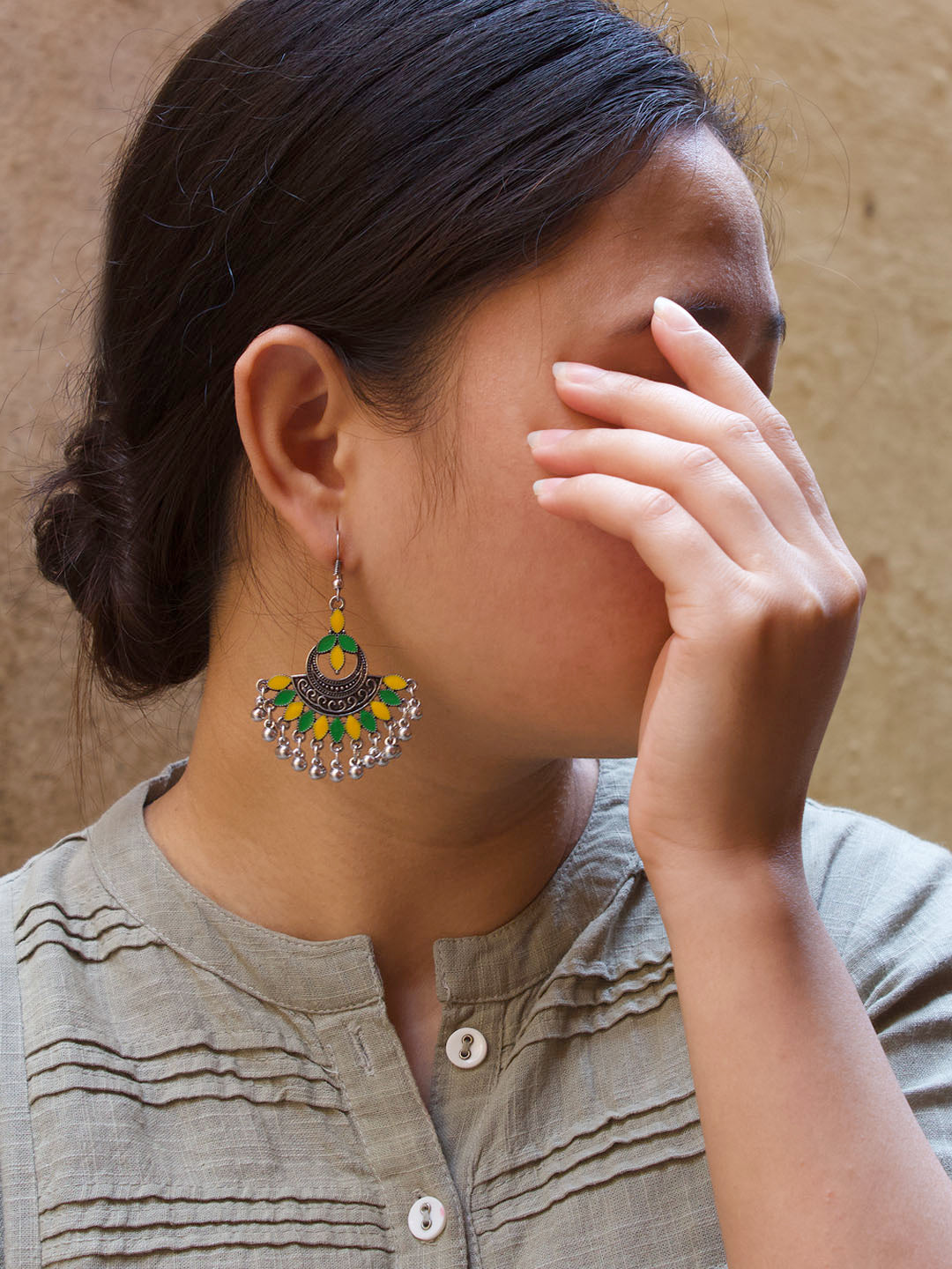 Geometric Design Yellow and Green Dangler Afghani Earring