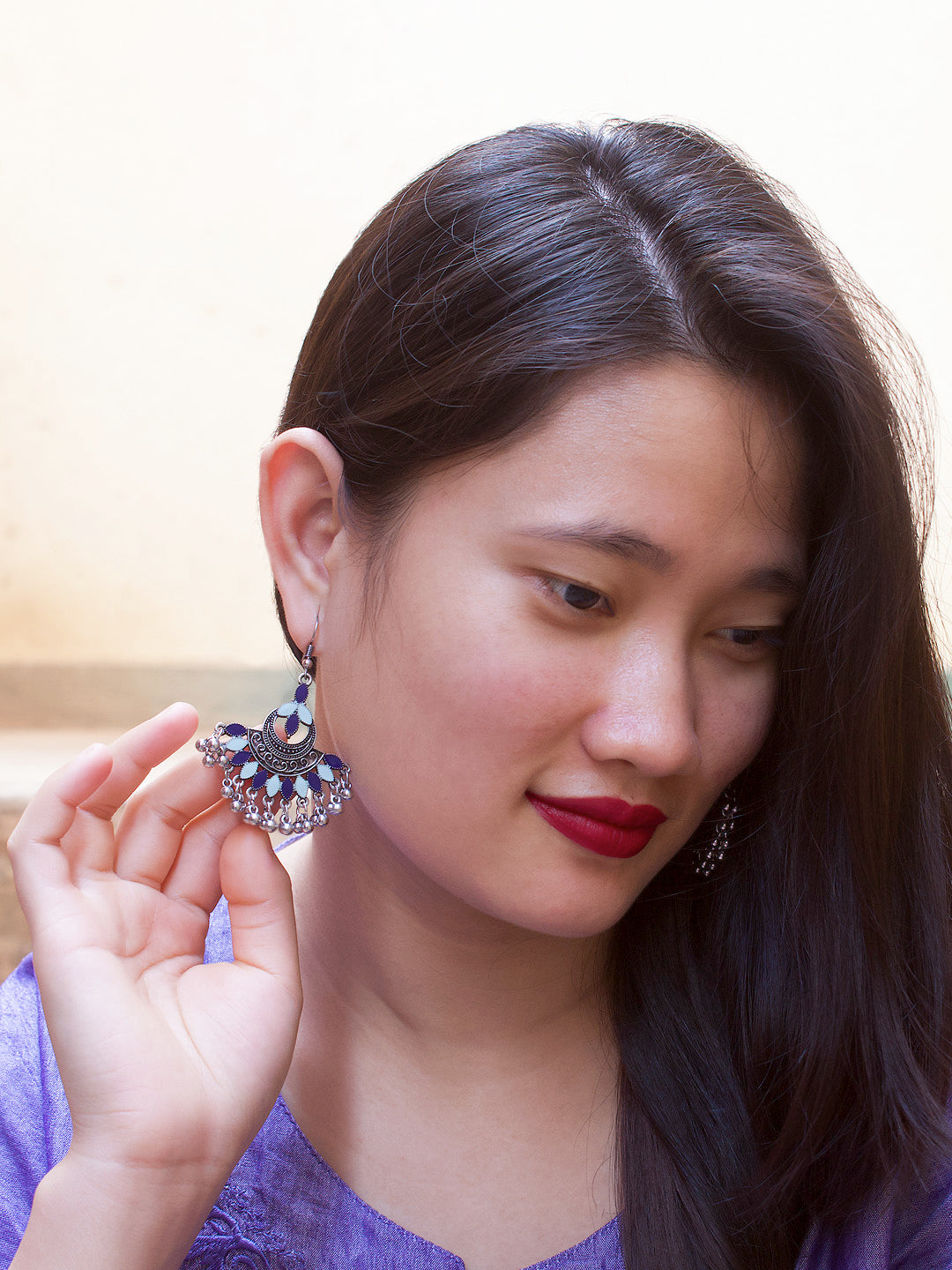 Floral Design Blue Dangler Afghani Earring