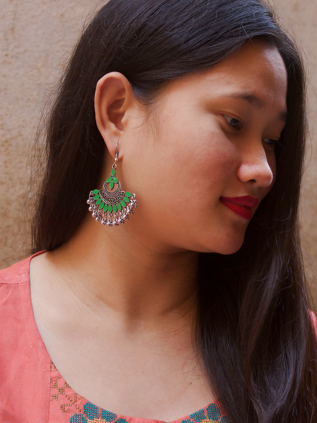 Floral Design Green Dangler Afghani Earring