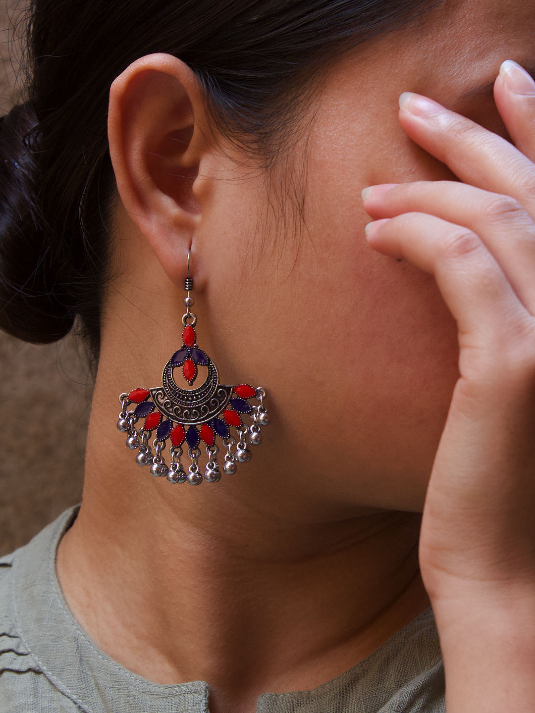 Floral Design Red and Blue Dangler Afghani Earring