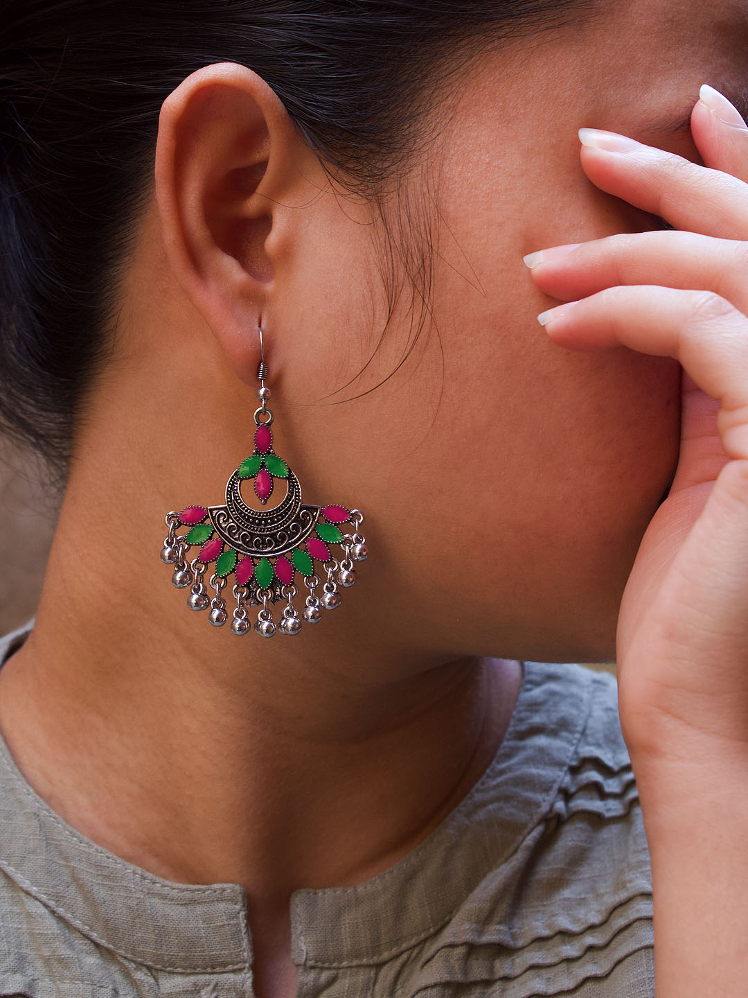 Floral Design Pink and Green Dangler Afghani Earring