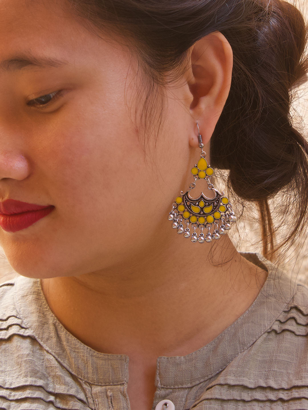 Floral Design Yellow Dangler Afghani Earring