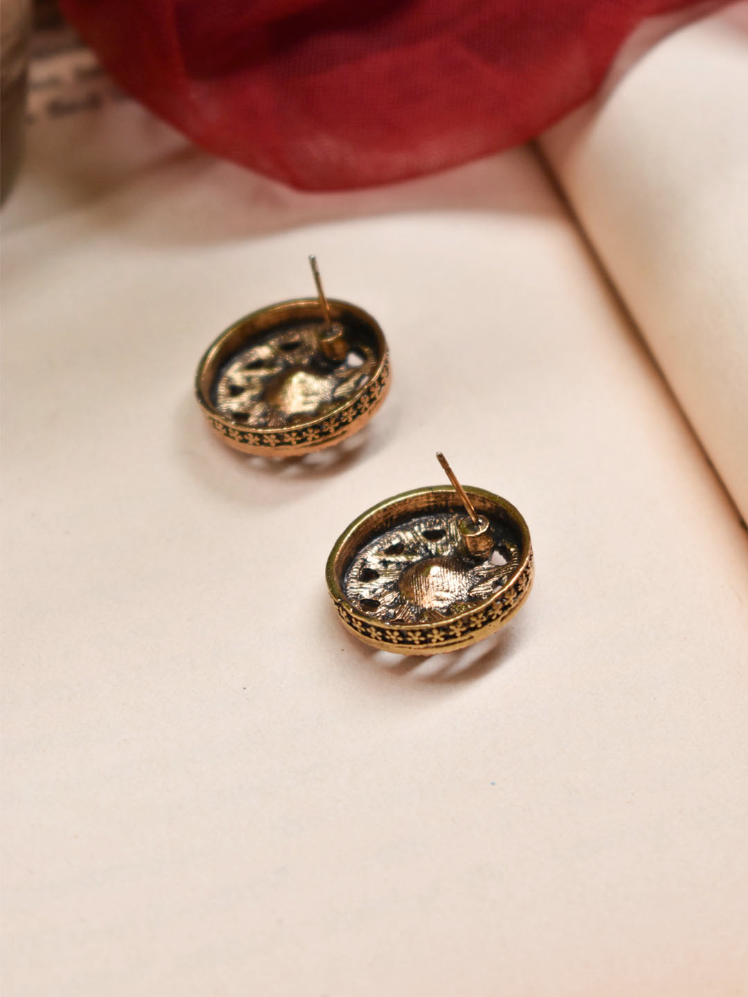 Gold Plated Circular Shape With Red And White Color Stones Stud Earring