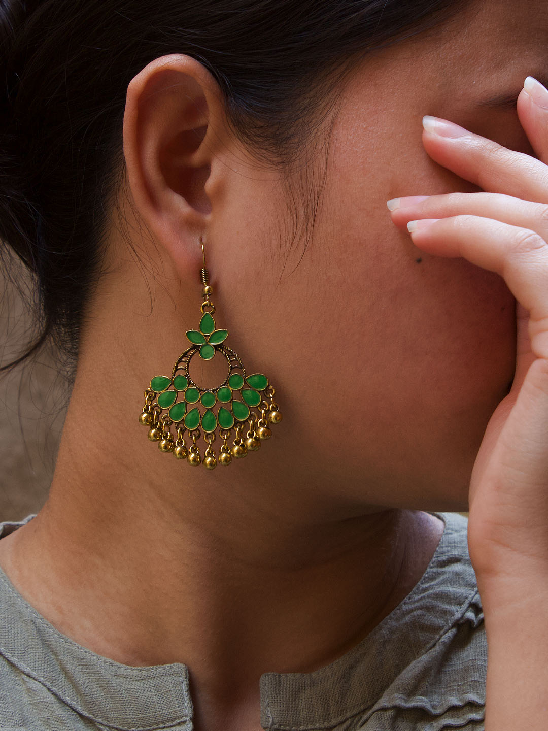 Floral Design Green Dangler Afghani Earring