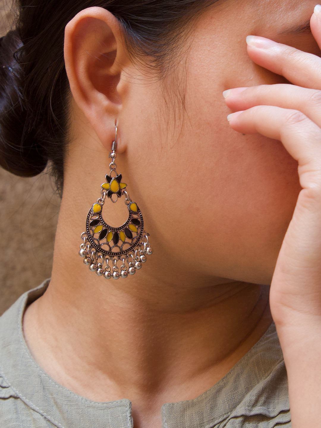 Floral Design Black and Yellow Dangler Afghani Earring