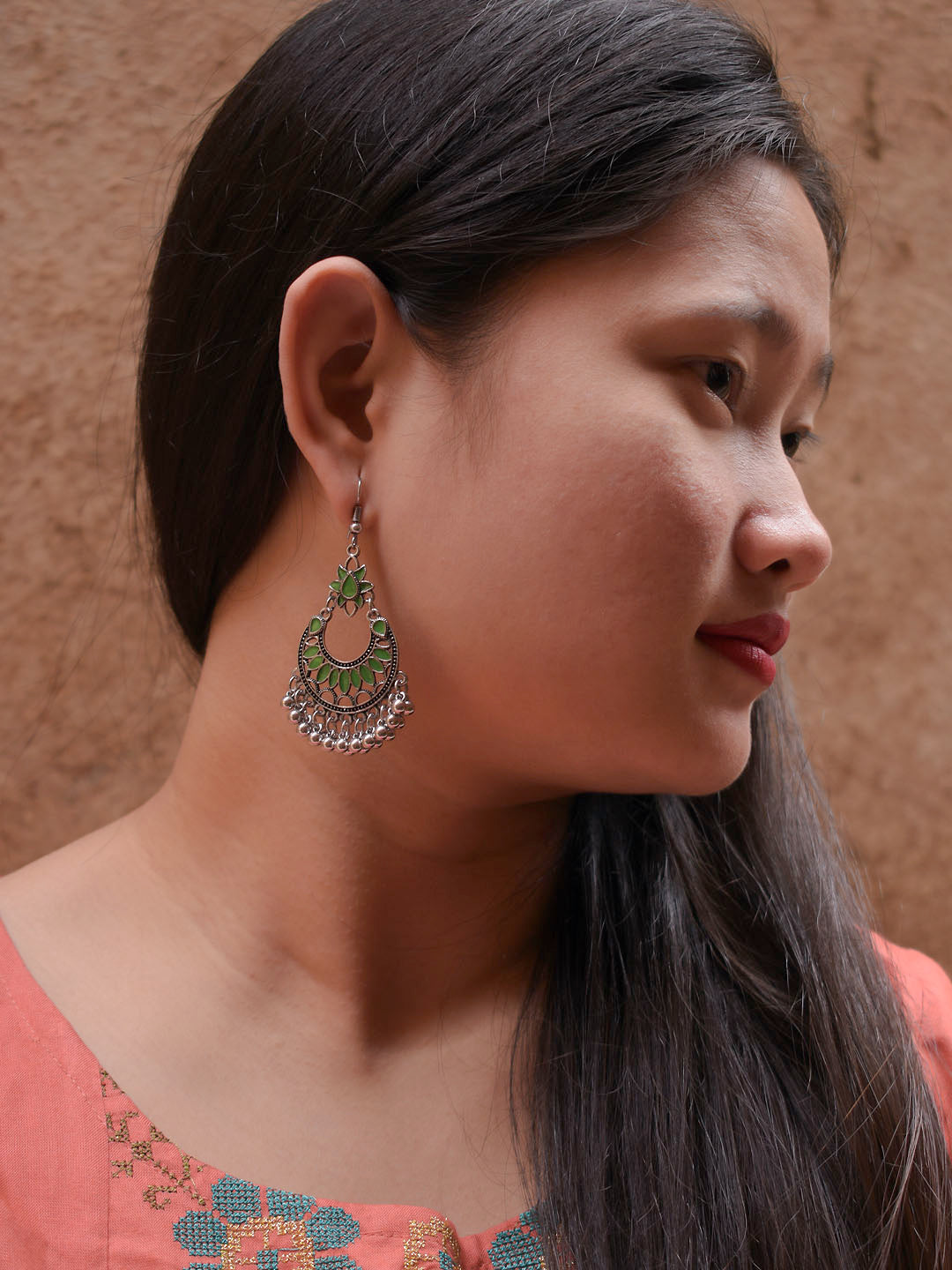 Floral Design Green Dangler Afghani Earring