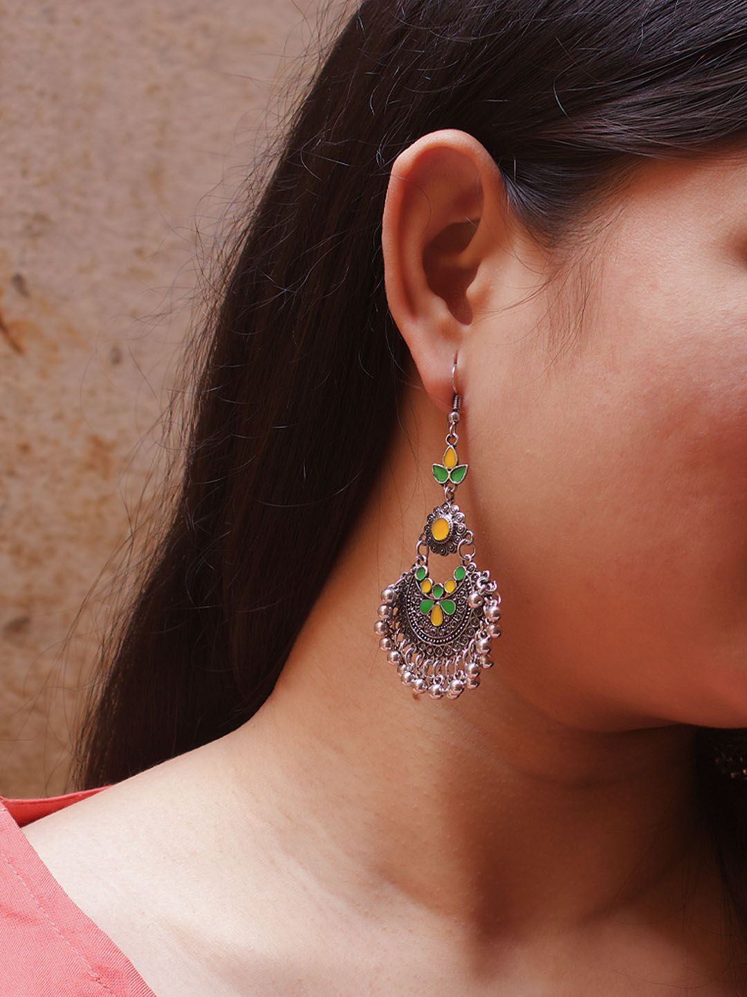 Floral Design Yellow and Green Dangler Afghani Earring