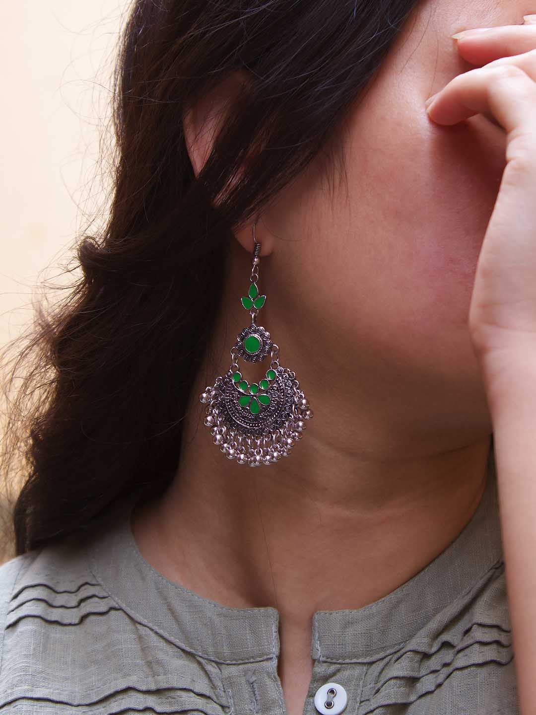 Floral Design Green Dangler Afghani Earring