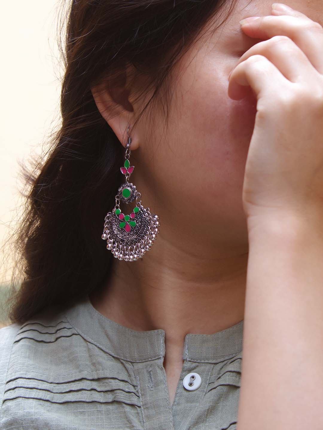 Floral Design Pink and Green Dangler Afghani Earring