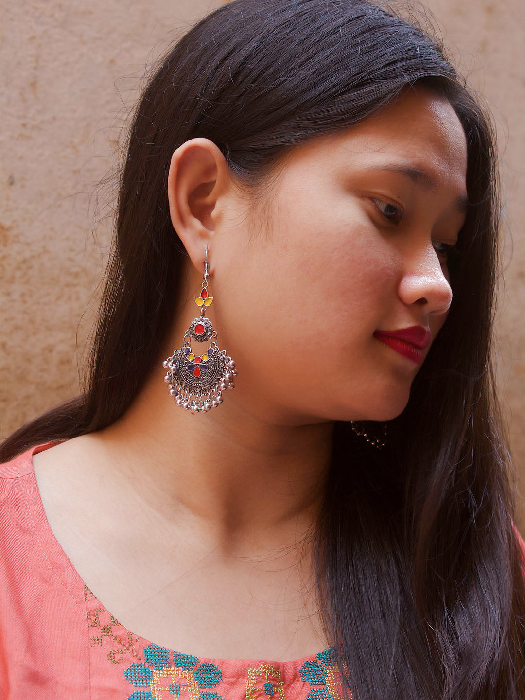 Floral Design Red and Yellow and Blue Dangler Afghani Earring