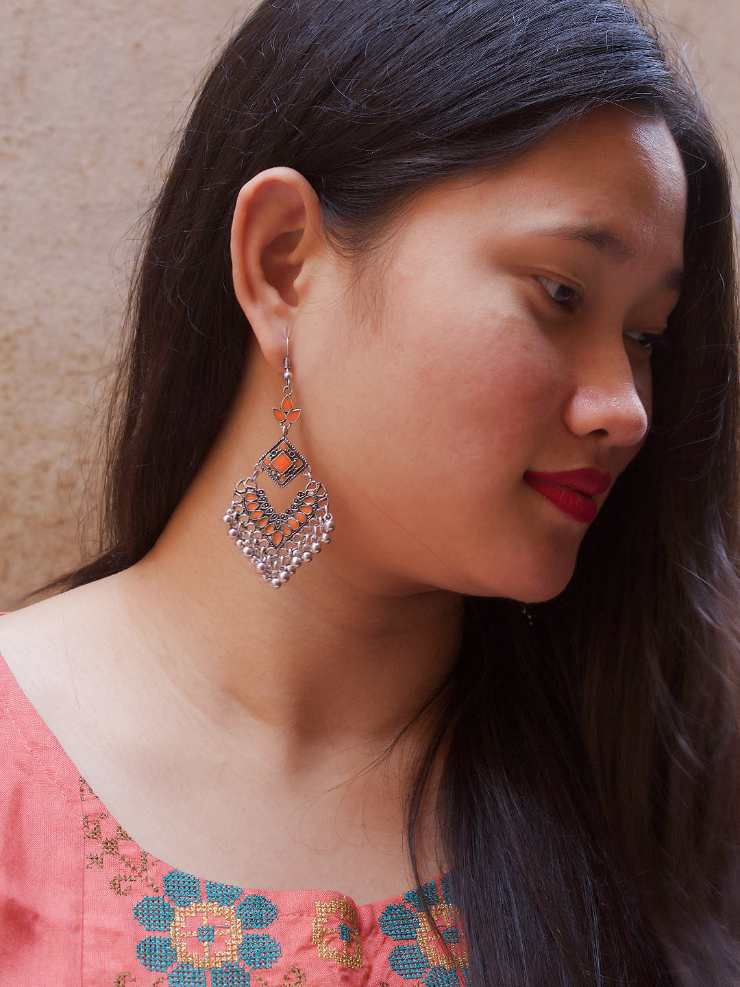 Silver Plated Floral Design Orange Enamel Paint Afghani Earring