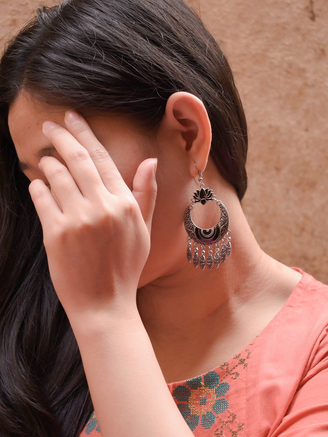 Silver Plated Lotus Design Black Enamel Paint Afghani Earring