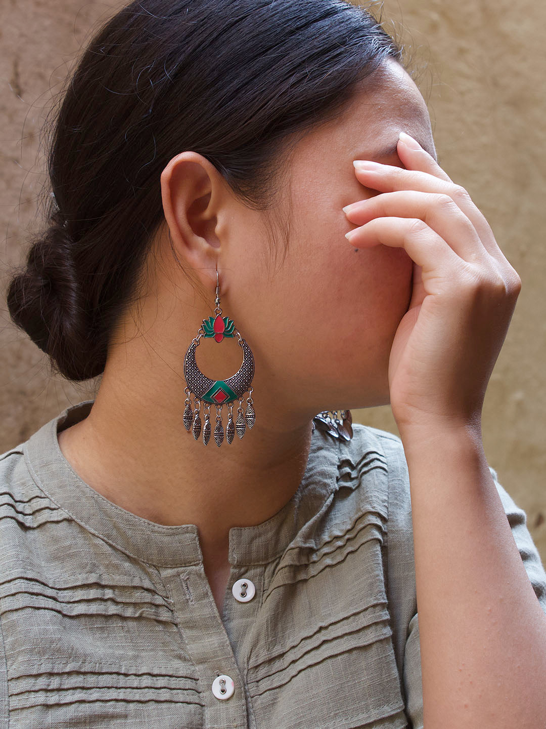 Floral Design Pink and Green Dangler Afghani Earring