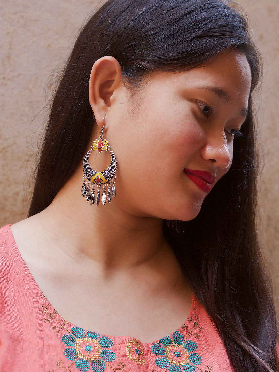 Lotus Design Red and Yellow Dangler Afghani Earring