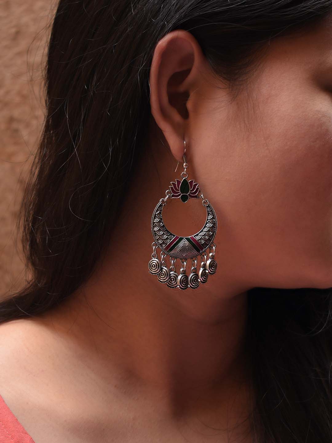 Lotus Design Maroon and Black Dangler Afghani Earring