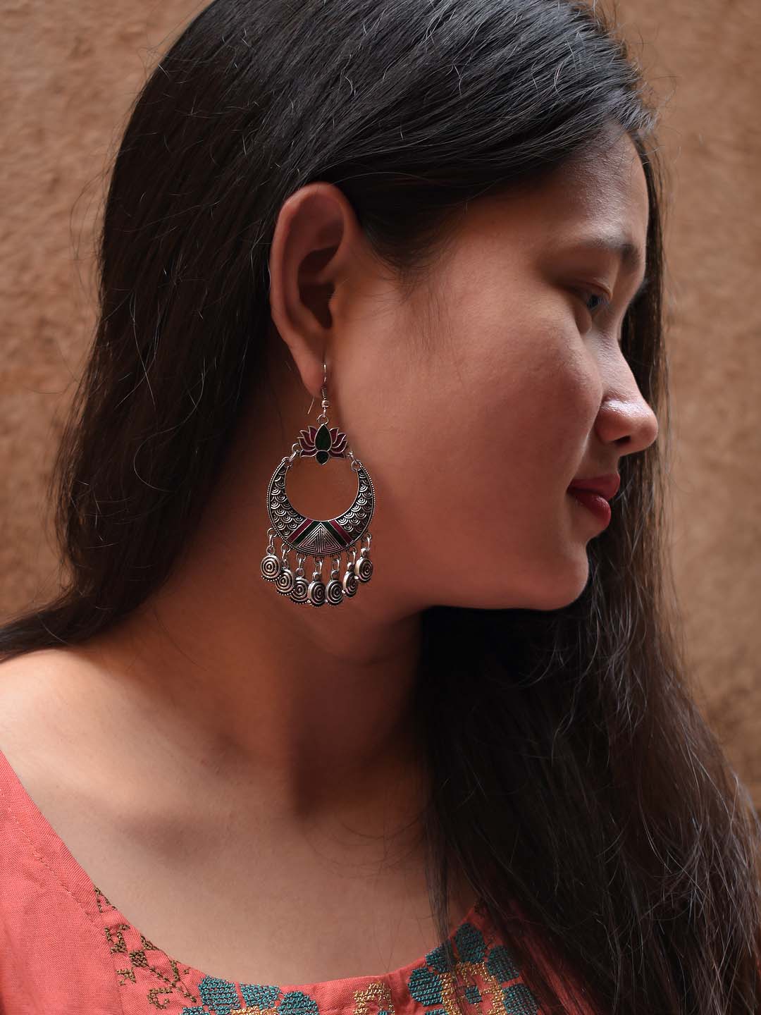 Lotus Design Maroon and Black Dangler Afghani Earring