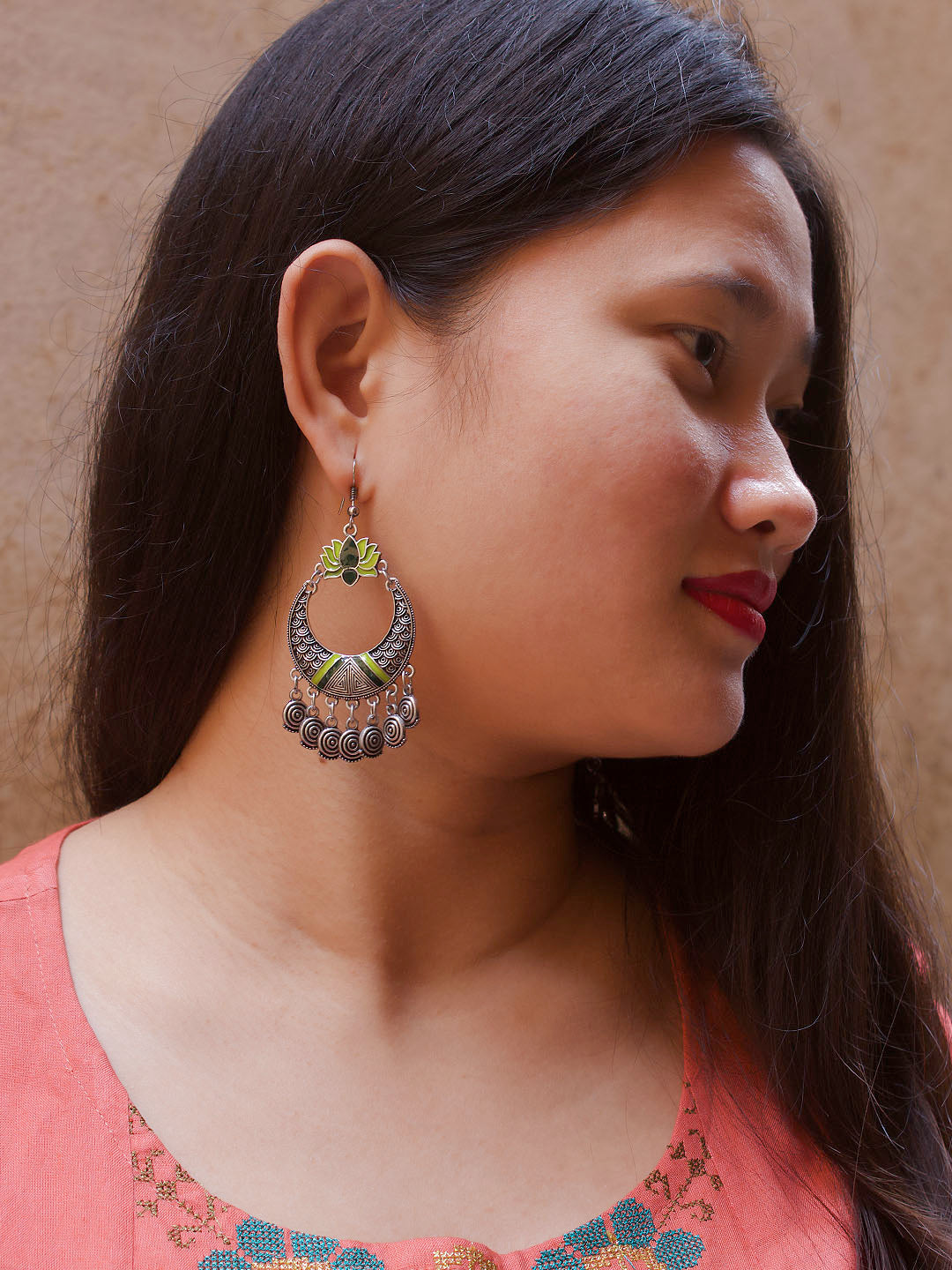 Silver Plated Lotus Design Green Enamel Paint Afghani Earring