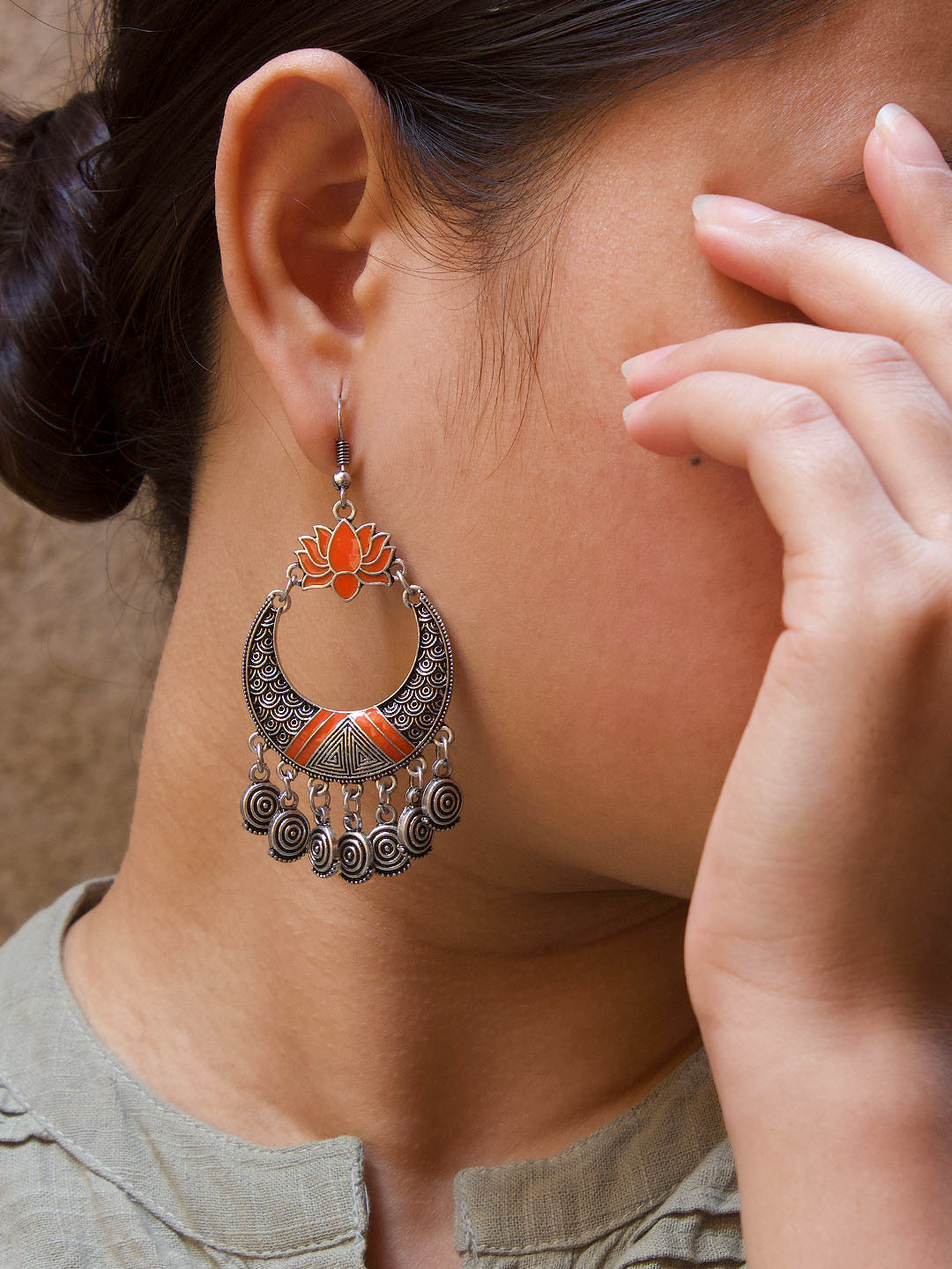 Silver Plated Lotus Design Orange Color Enamel Paint Dangler Earring